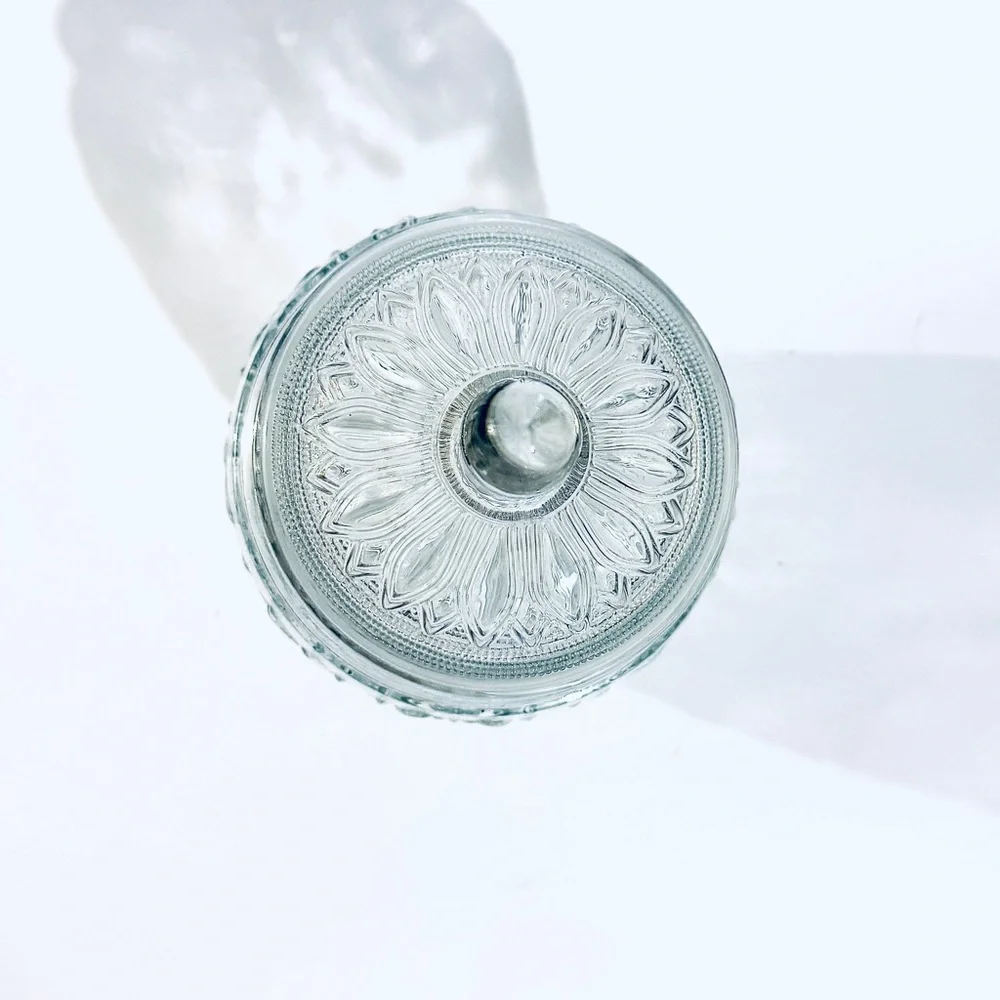 Vintage 1940’s Anchor Hocking Clear Sunflower Pressed Glass Cookie Jar